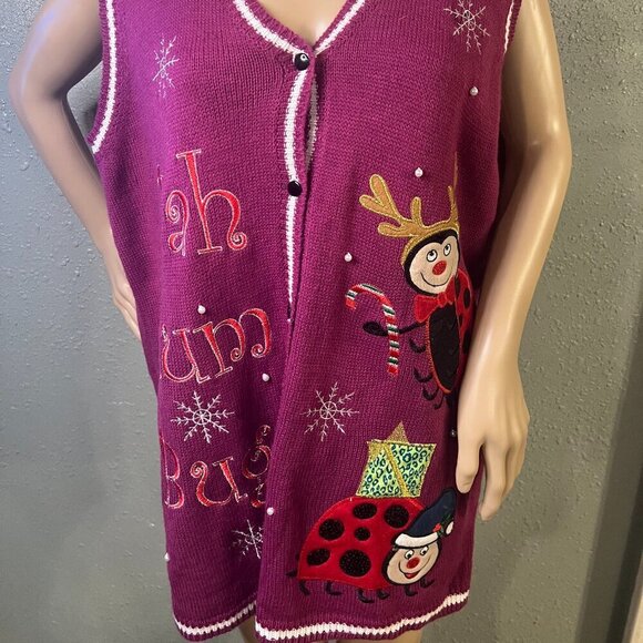 Holiday Time Plum Color Button up BAH HUM BUG Sweater Vest Lady Bugs Holiday XL - Picture 1 of 10